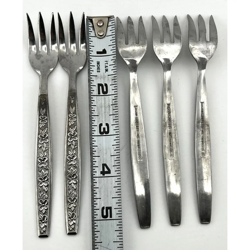 Vtg ROGERS Stainless 5pc Appetizer Hors D'oeuvre Seafood Forks Japan Floral